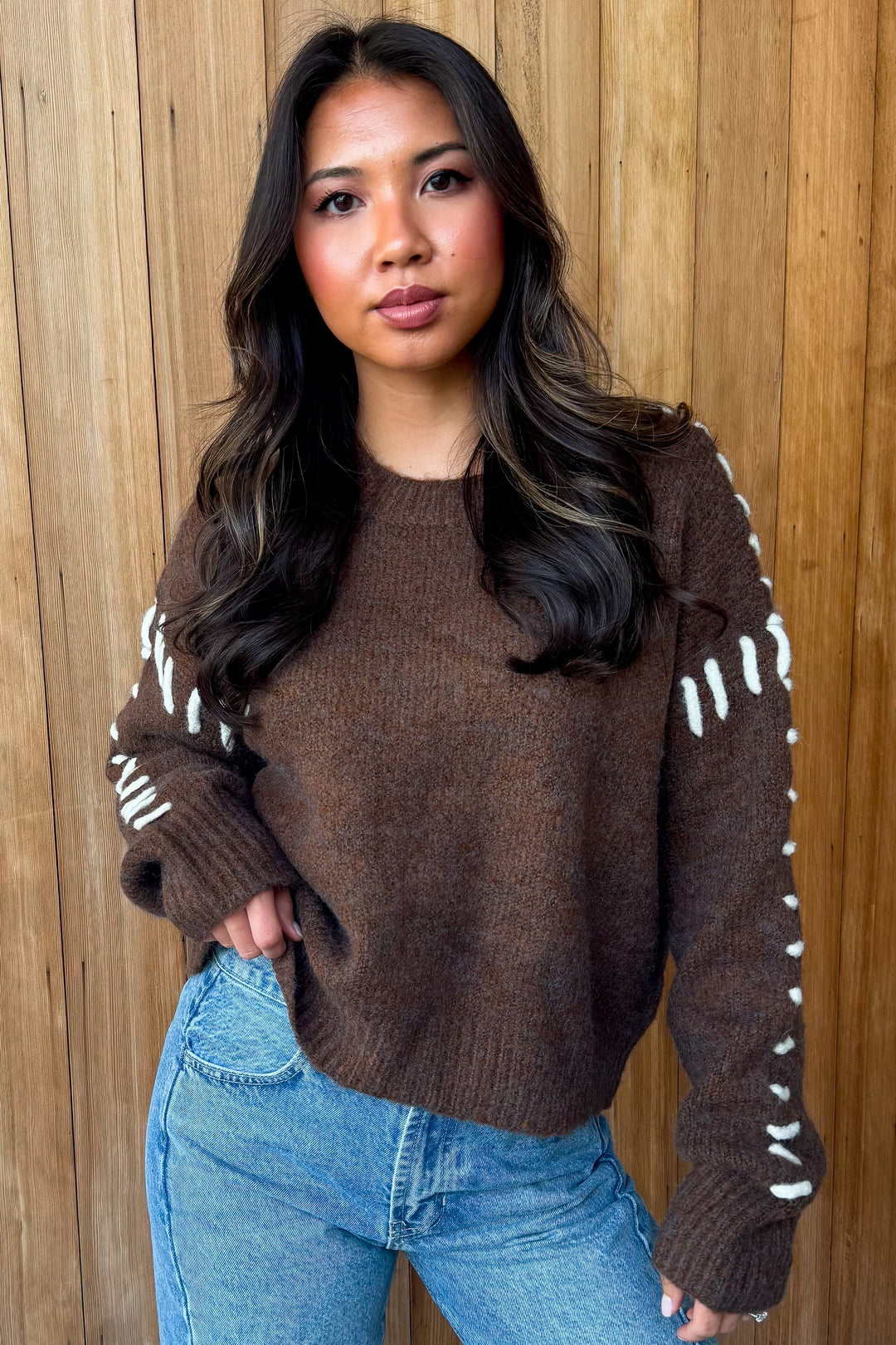 So Cool Contrast Stitch Sweater-Brown