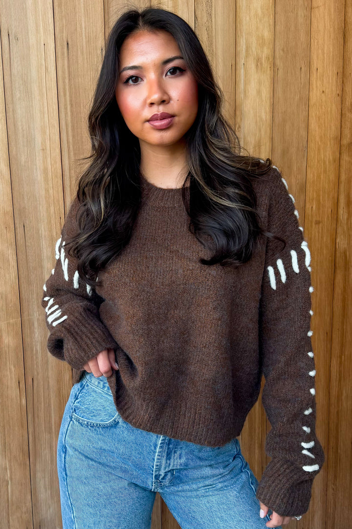 So Cool Contrast Stitch Sweater-Brown