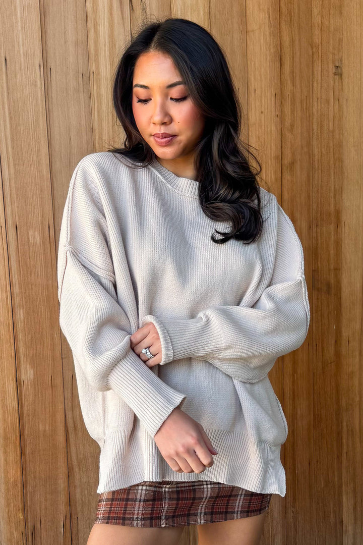 Right For You Oversized Knit Sweater- Almond