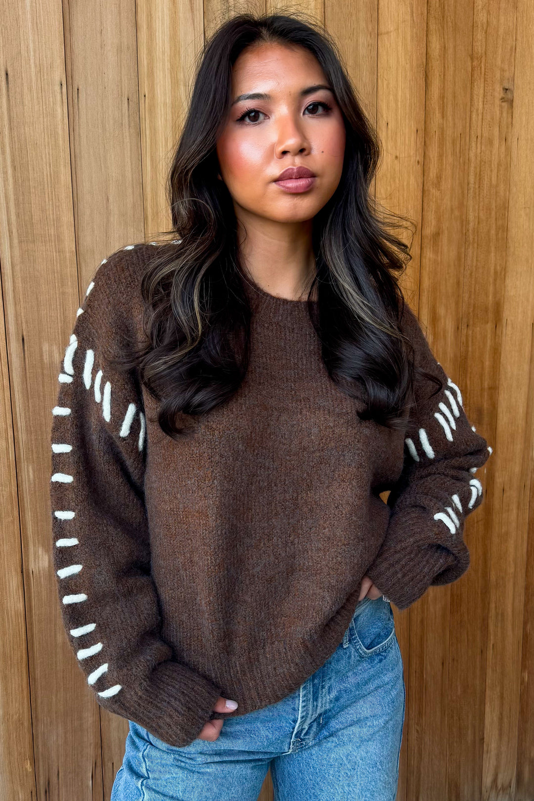 So Cool Contrast Stitch Sweater-Brown