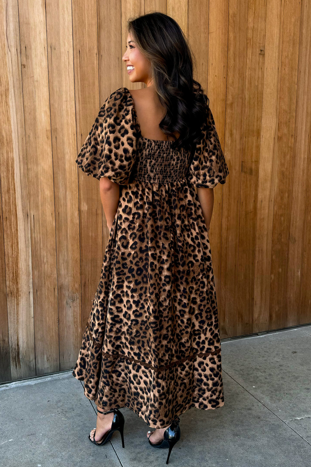 Spotted You Leopard puff sleeve Midi Dress