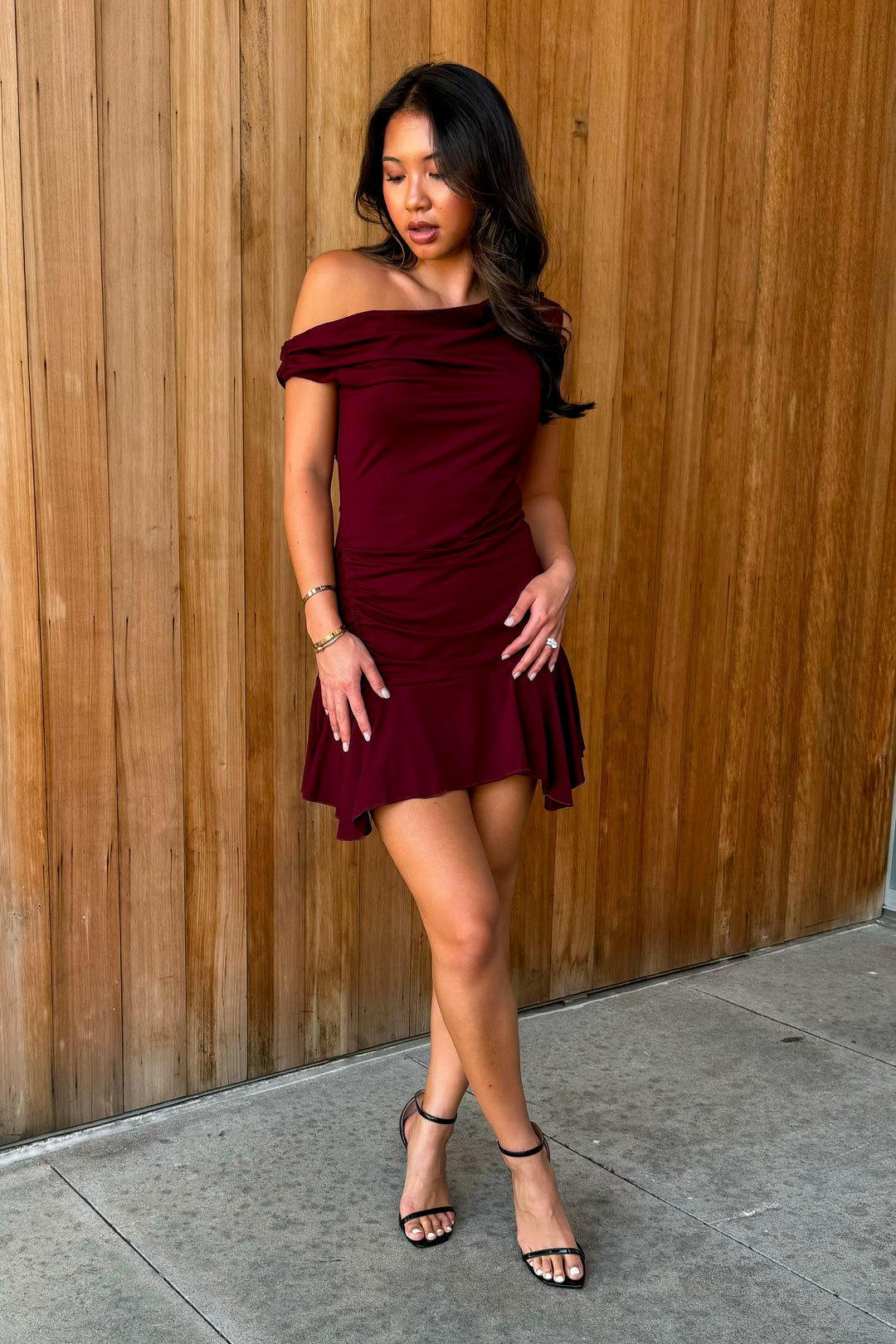 Worth It Off the Shoulder Mini Dress - Maroon