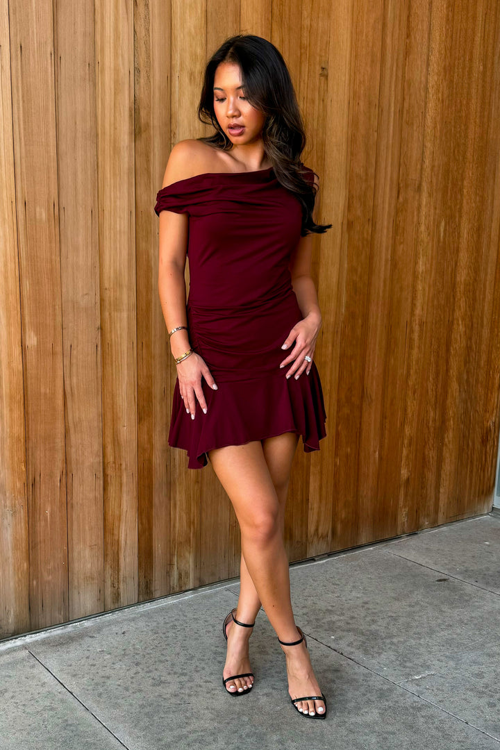 Worth It Off the Shoulder Mini Dress - Maroon