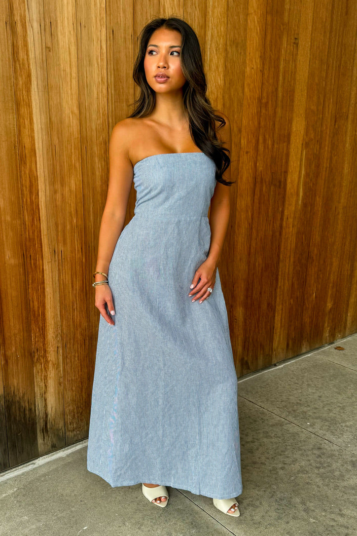 Sandy Shoreline Blue White Stripe Maxi Dress