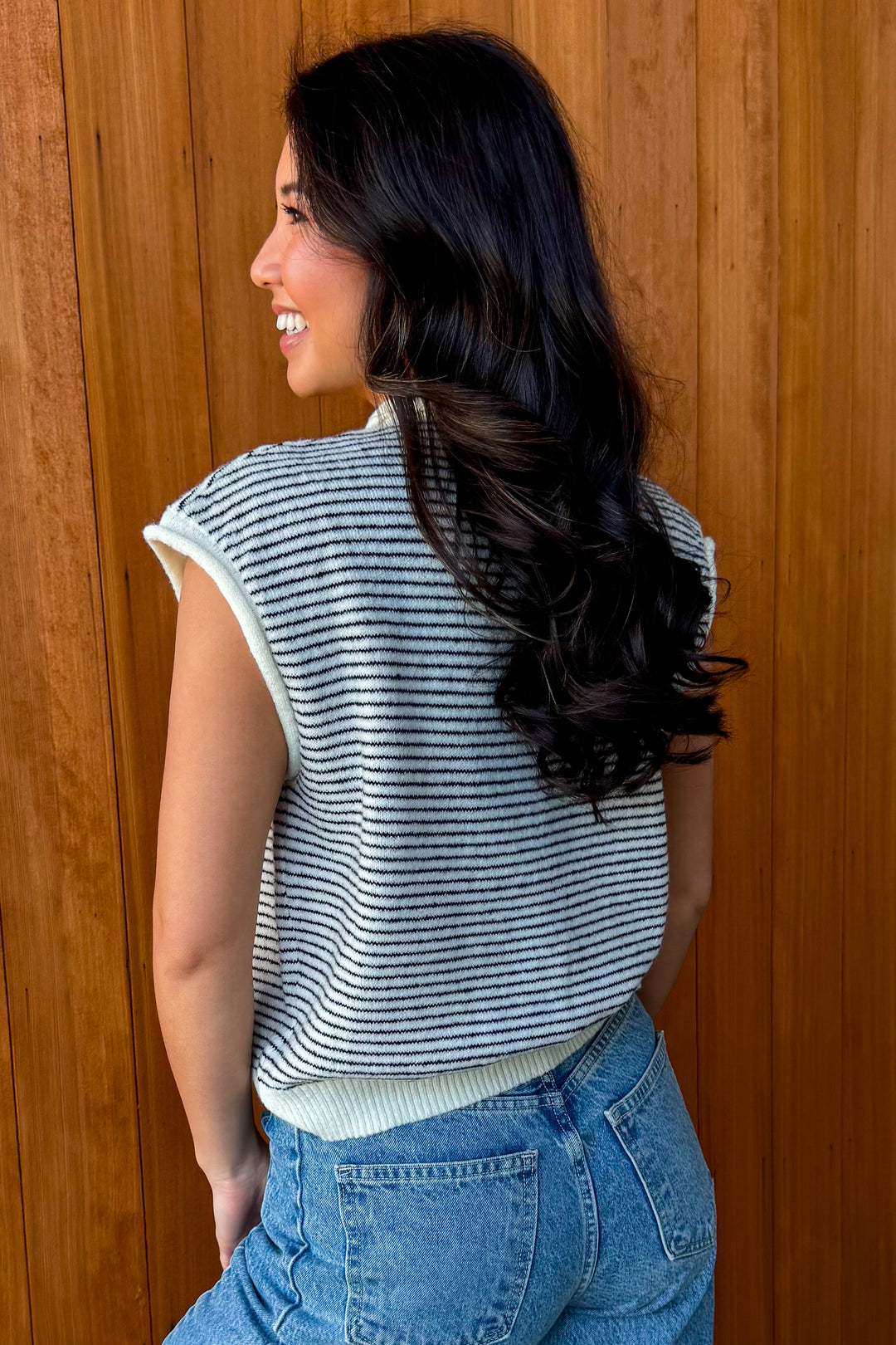 Piper Vest Cardigan-Ivory Black Striped