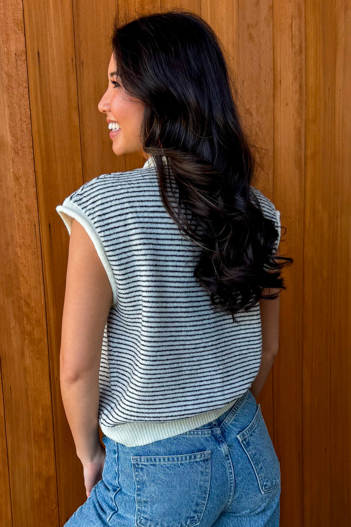 Piper Vest Cardigan-Ivory Black Striped