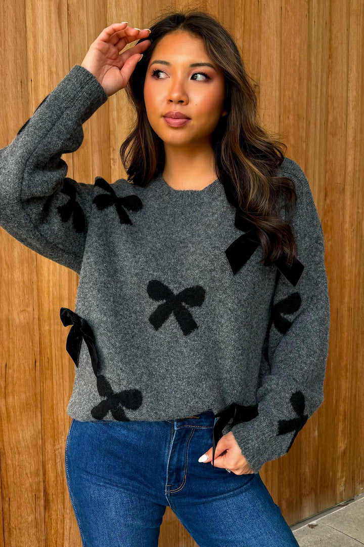 Isn't She Lovely Velvet Charcoal Black Bow Sweater