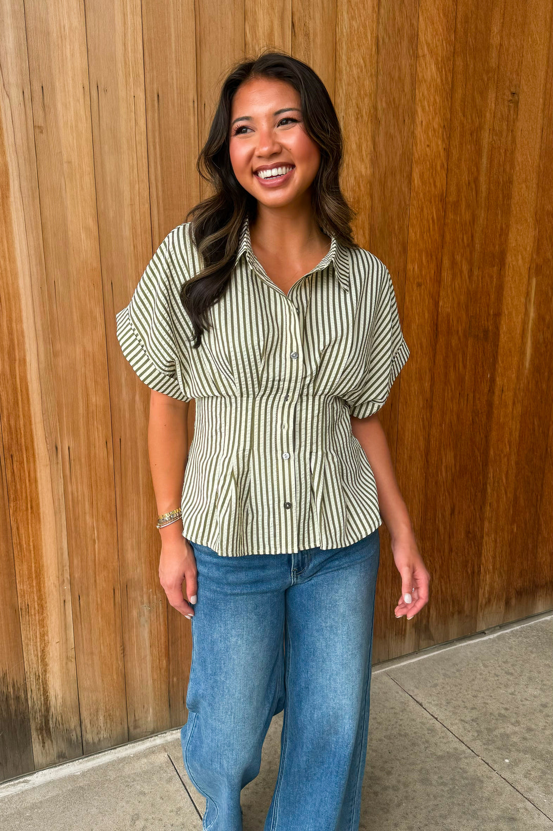 A New Light Striped Top- Olive