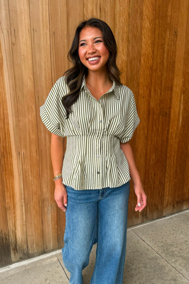 A New Light Striped Top- Olive