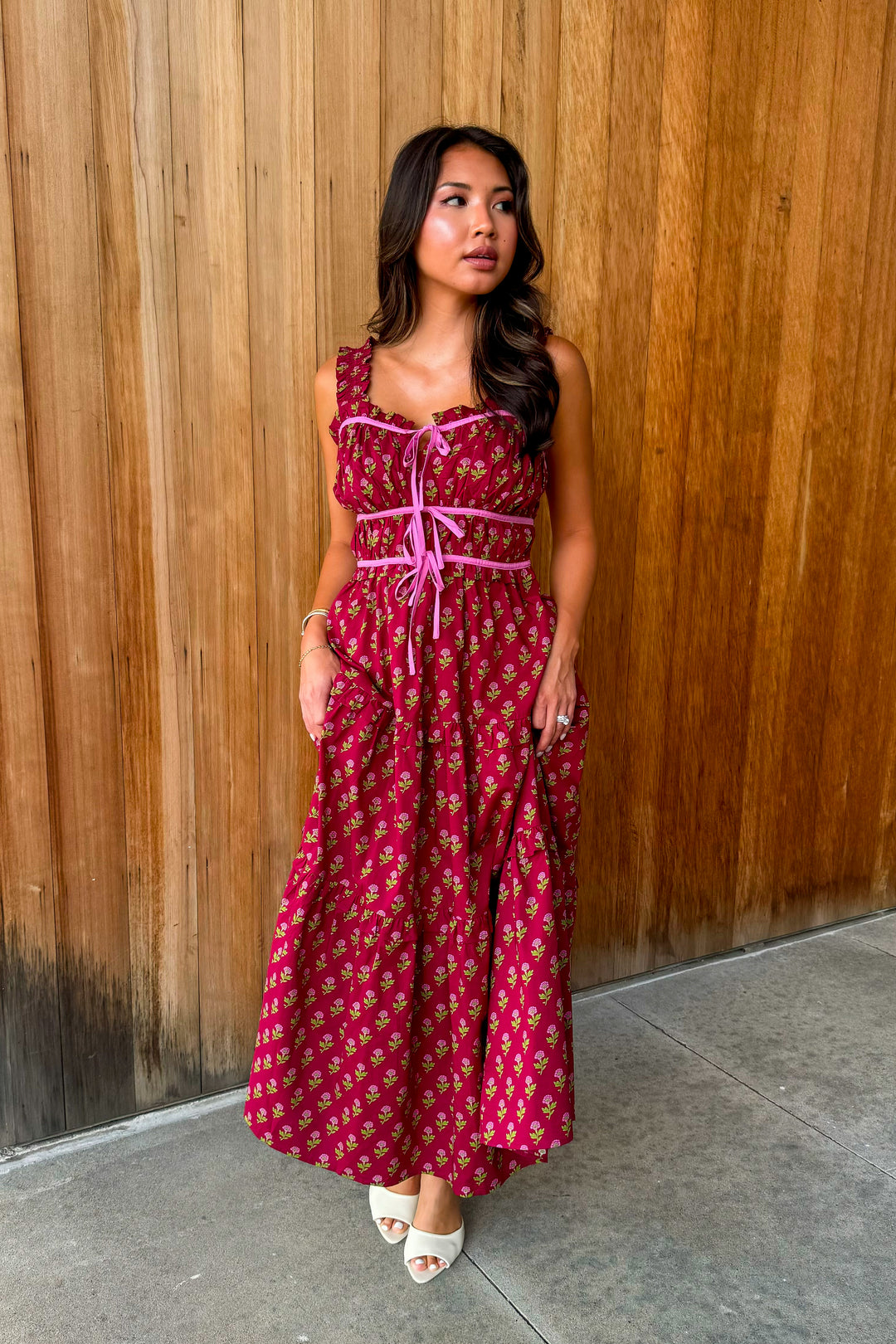 To be Loved Floral Tiered Midi Dress - Burgundy