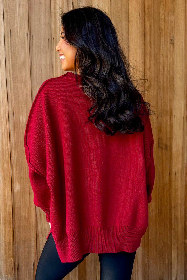 Right For You Oversized Knit Sweater- Crimson