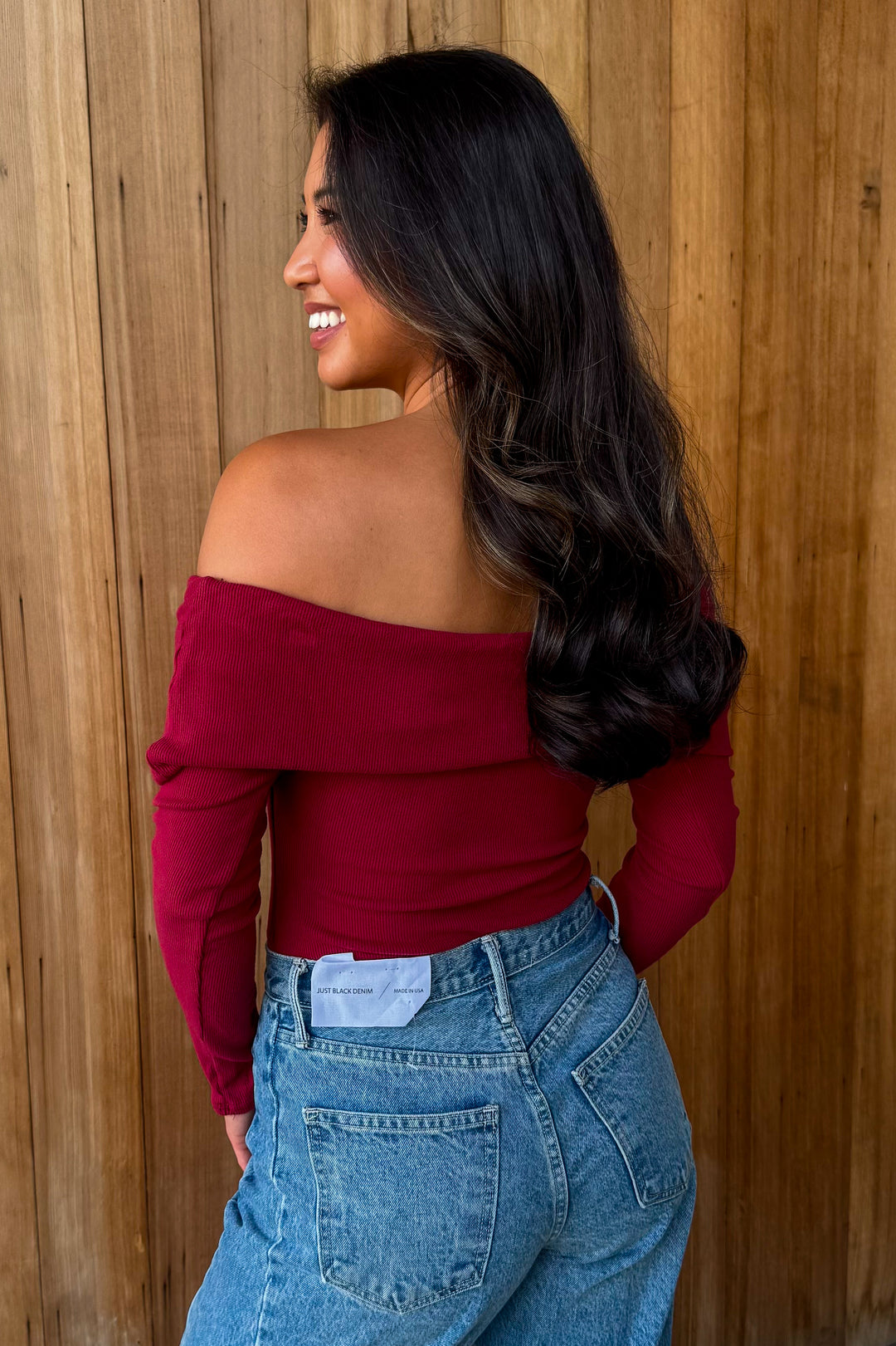 Keep Up Off the Shoulder Bodysuit - Crimson