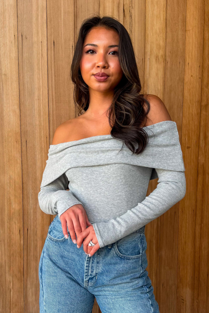 Keep Up Off the Shoulder Bodysuit - Heather Grey