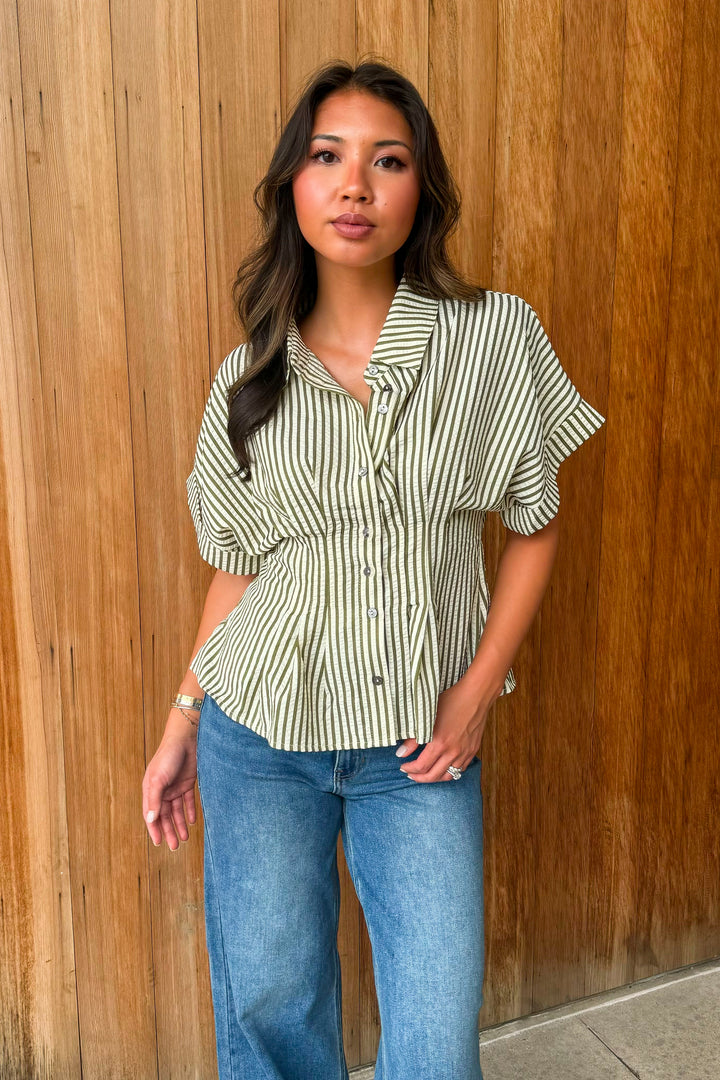 A New Light Striped Top- Olive