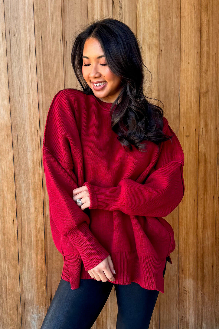 Right For You Oversized Knit Sweater- Crimson