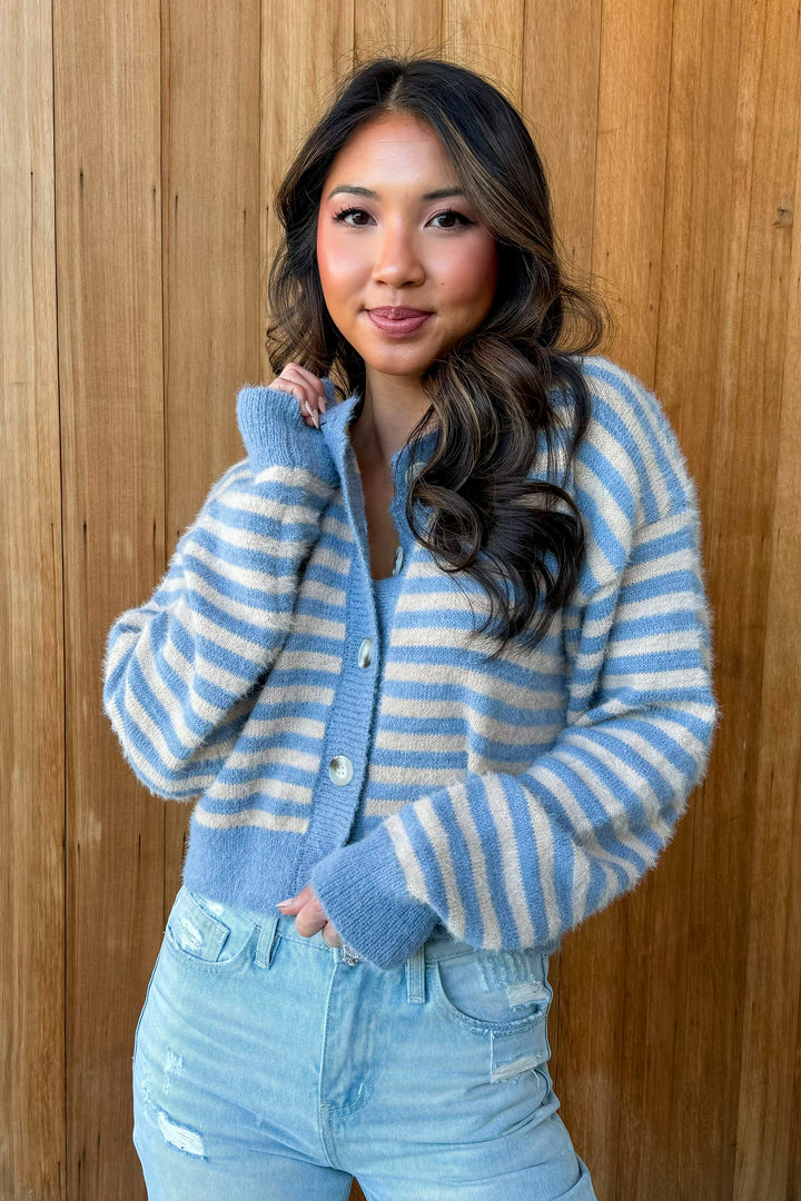 In a Daze Light Blue Striped Cardigan