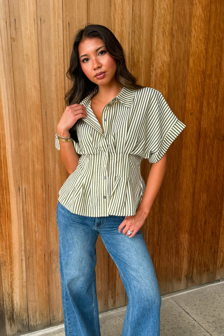 A New Light Striped Top- Olive