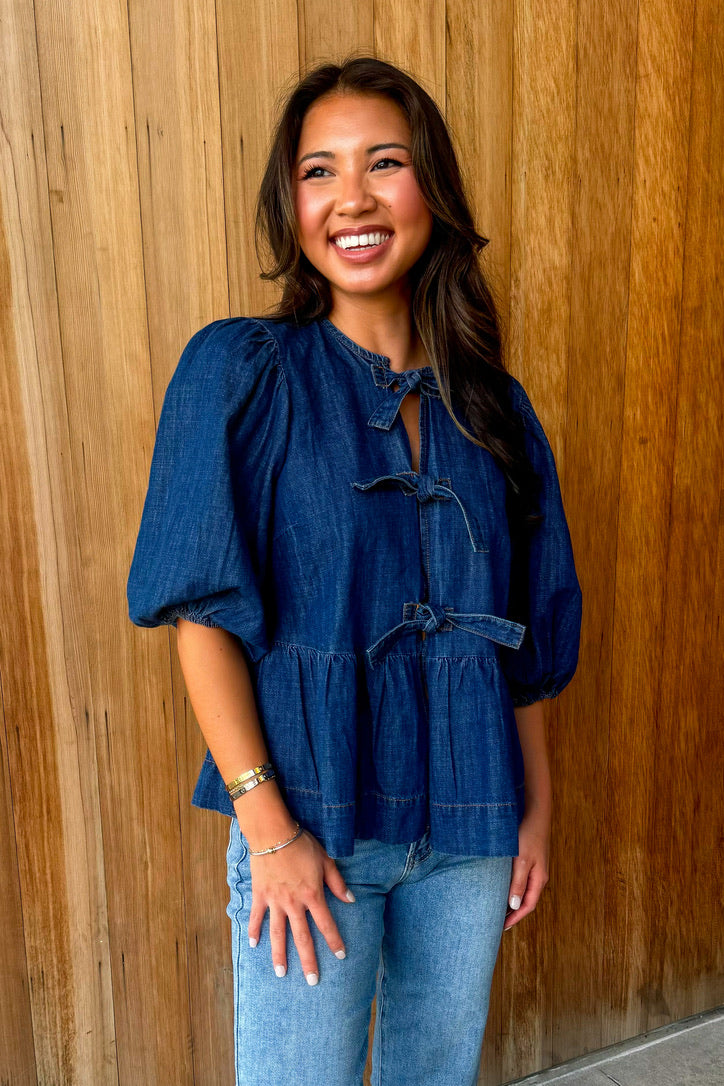 Tied To Perfection Dark Denim Bow Top