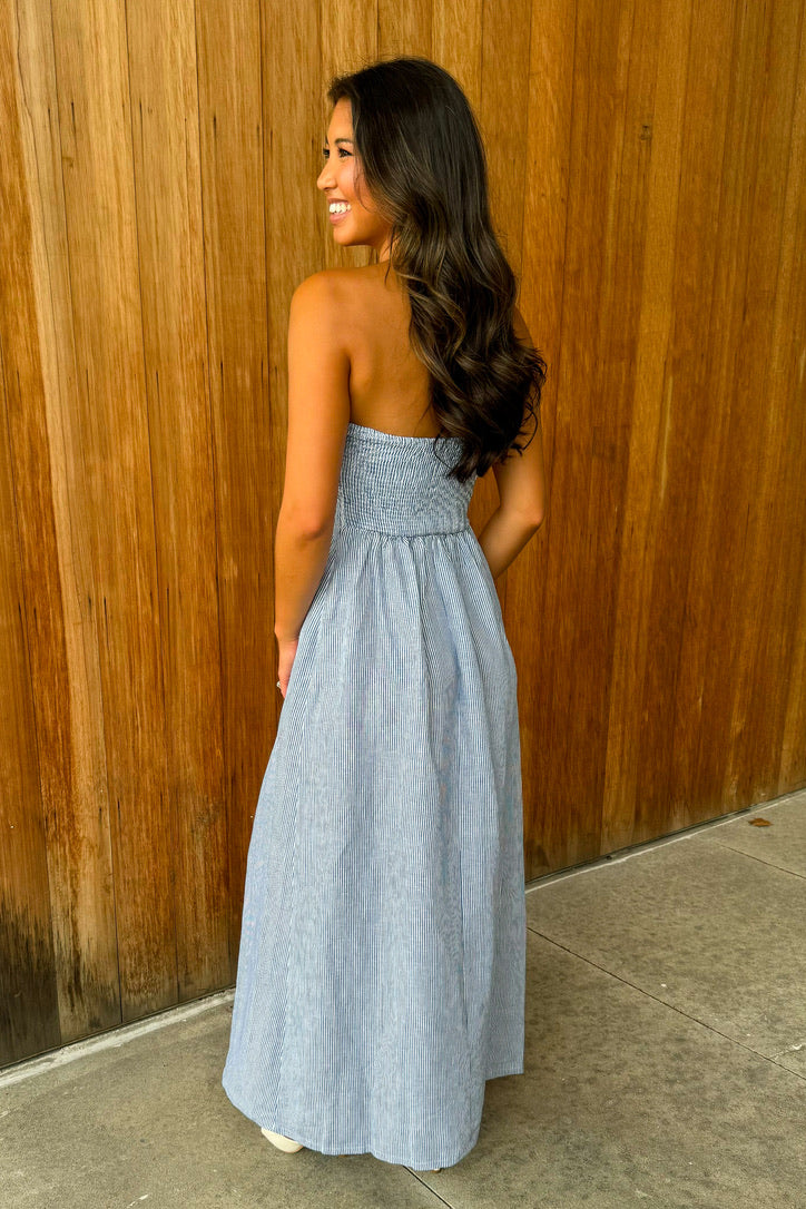 Sandy Shoreline Blue White Stripe Maxi Dress