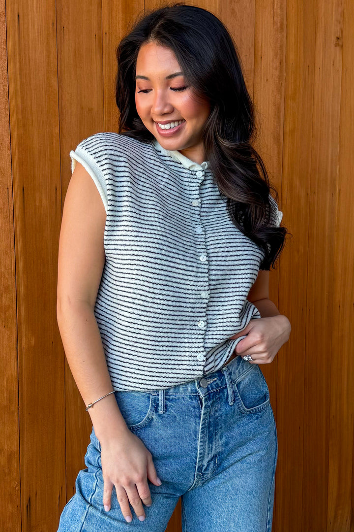 Piper Vest Cardigan-Ivory Black Striped