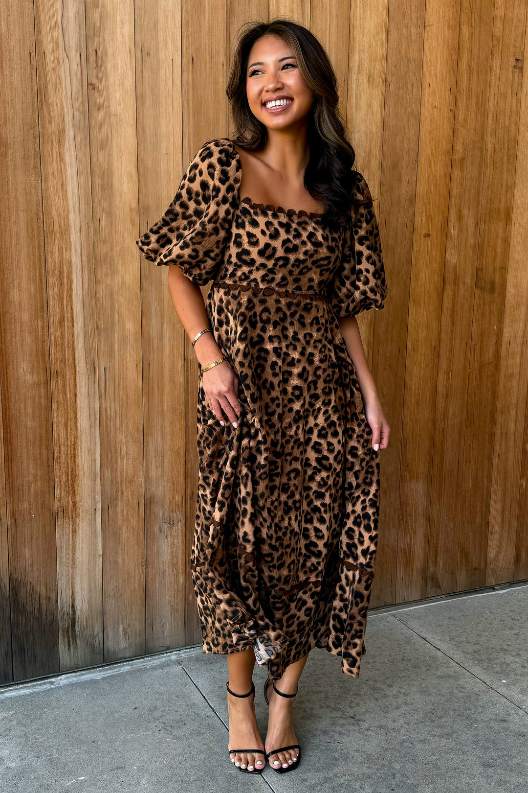 Spotted You Leopard puff sleeve Midi Dress