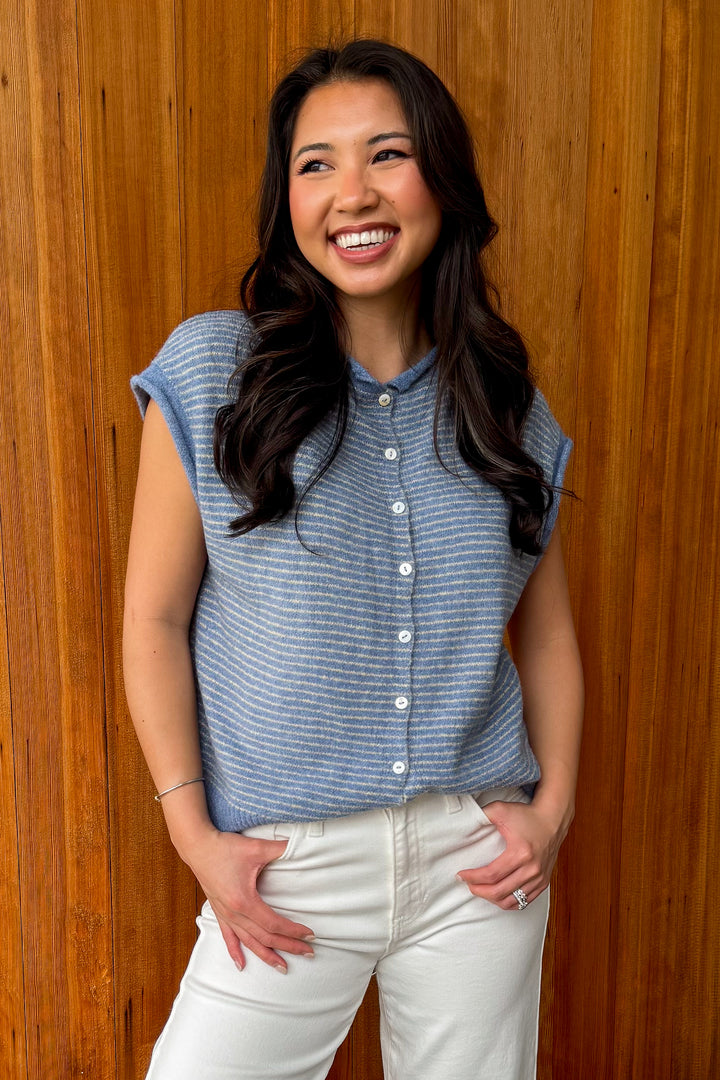 Piper Vest Cardigan-Dusty Blue Striped