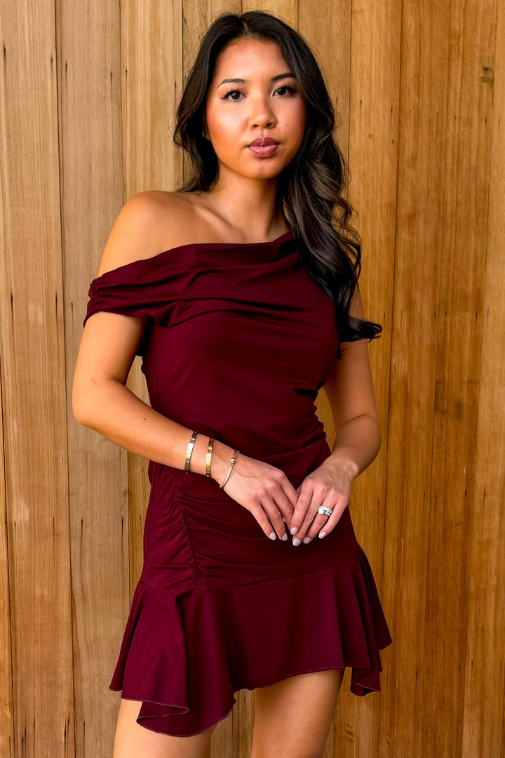 Worth It Off the Shoulder Mini Dress - Maroon