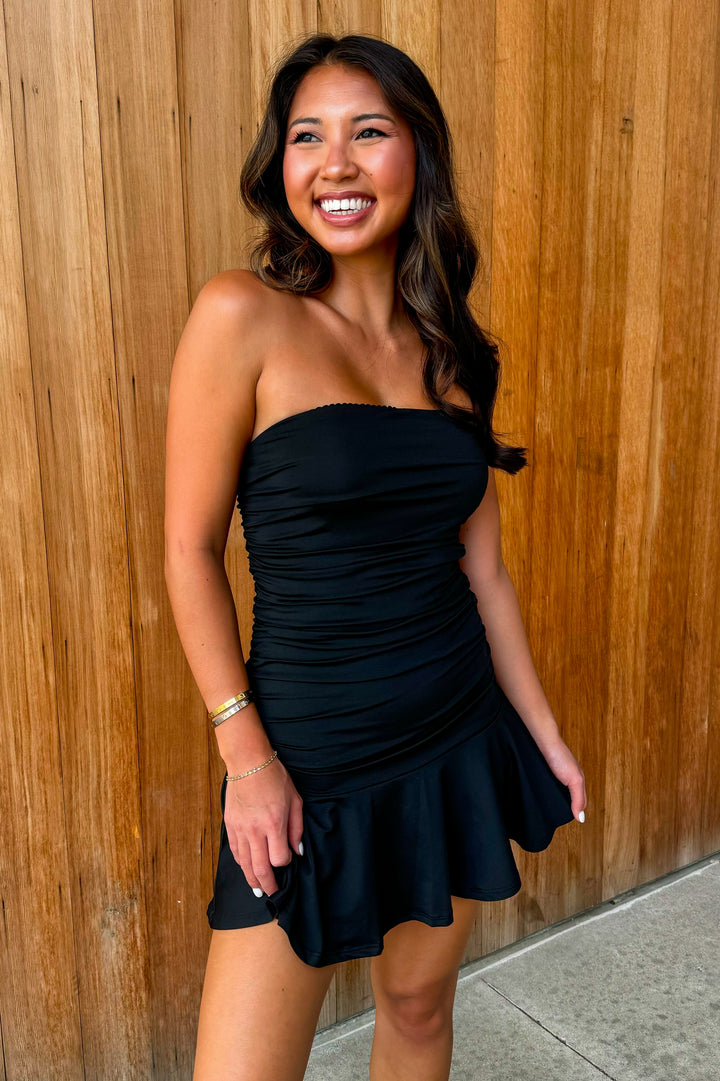 Tell me More Black Strapless Mini Dress