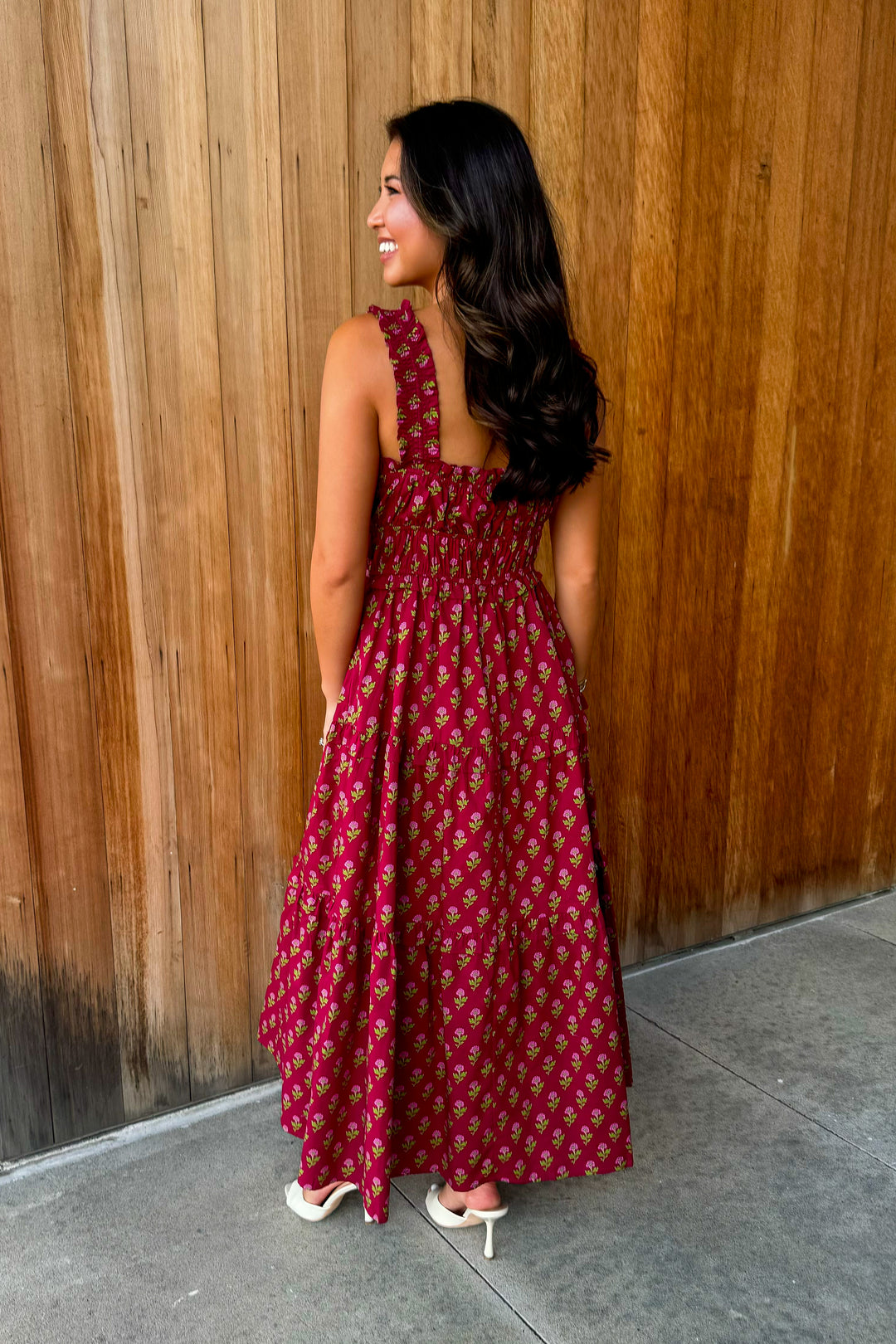 To be Loved Floral Tiered Midi Dress - Burgundy