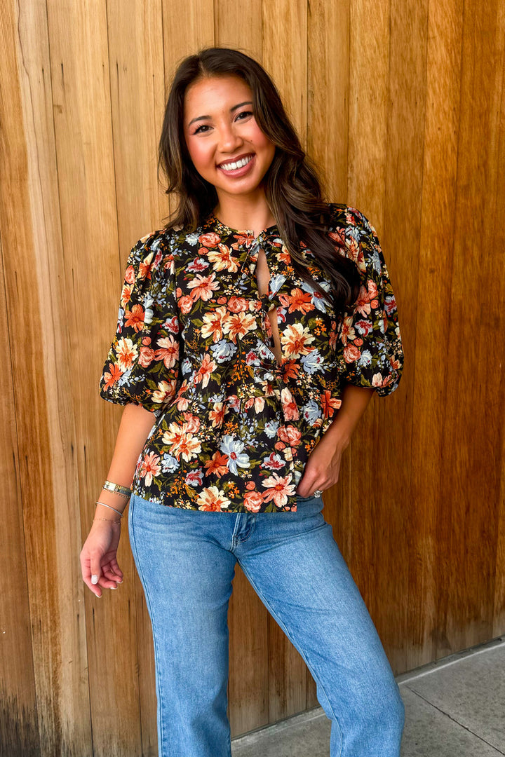 Tied To Perfection Black  Floral Bow Top