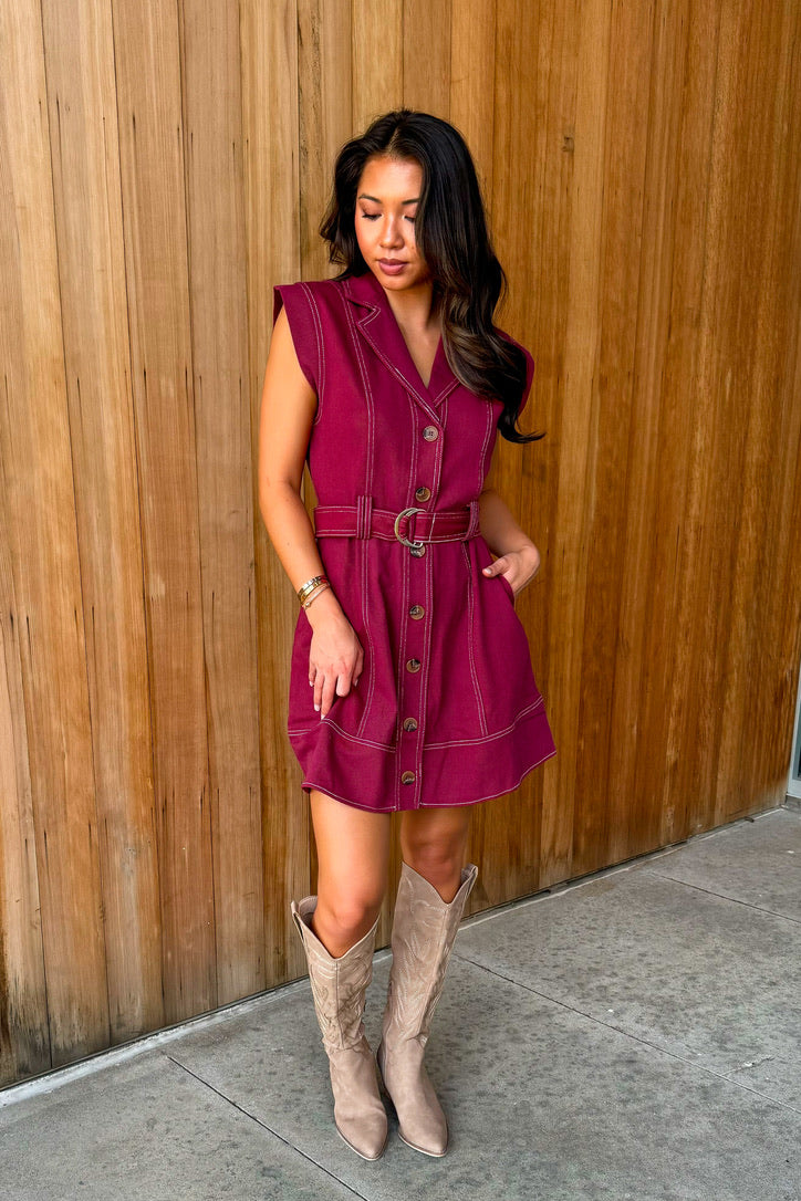 Never Letting Go Collared Dress- Garnet