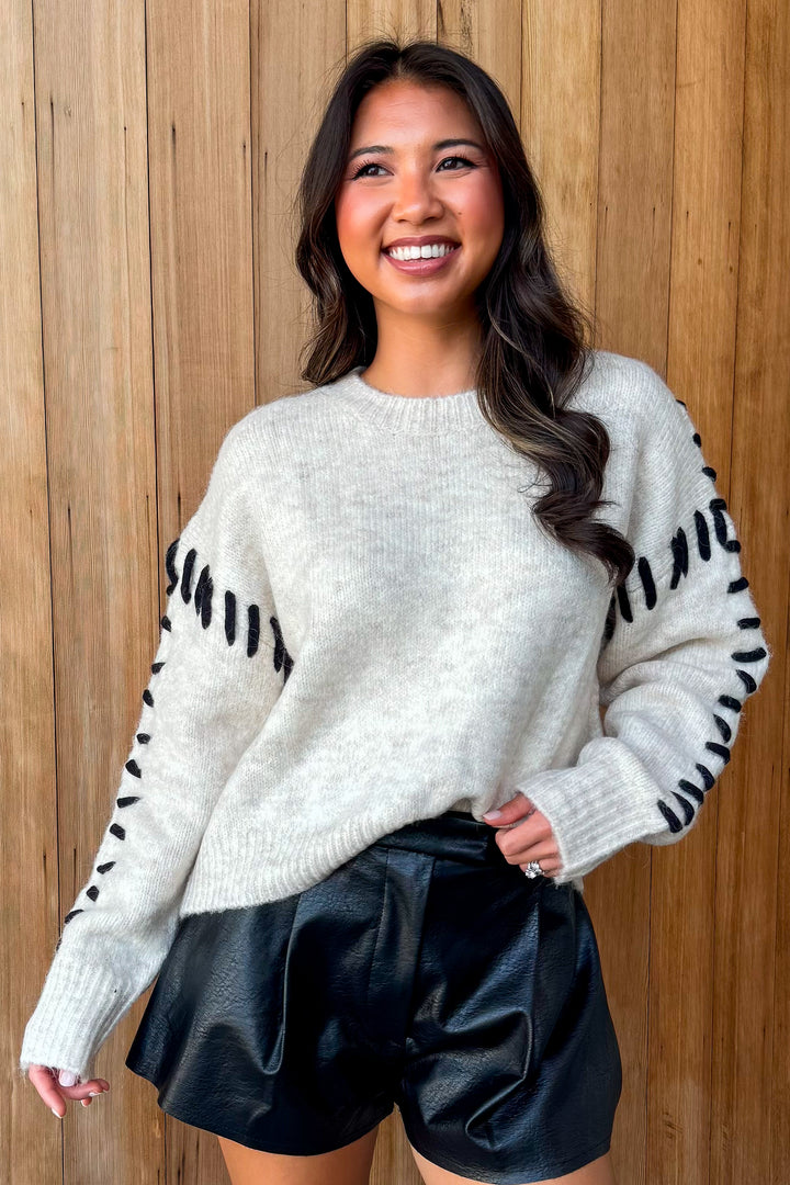 So Cool Contrast Stitch Sweater-Oatmeal