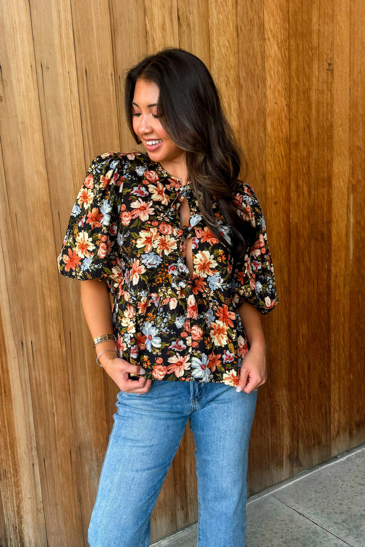 Tied To Perfection Black  Floral Bow Top