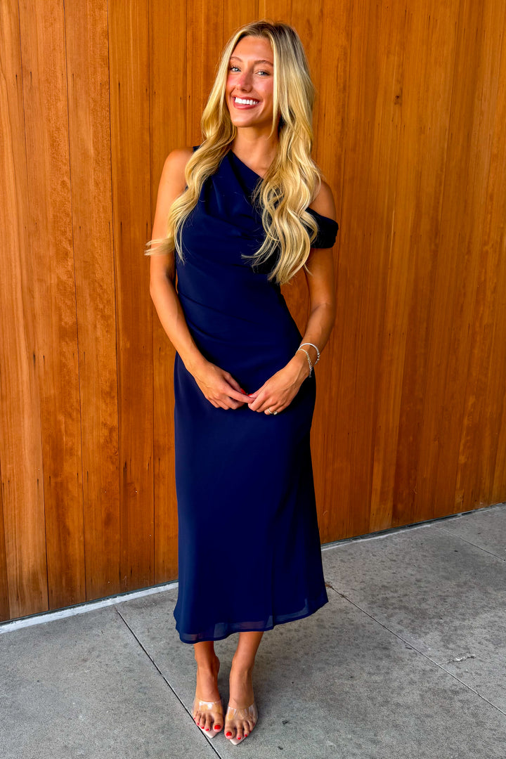 Risk it All Asymmetrical Dress- Navy