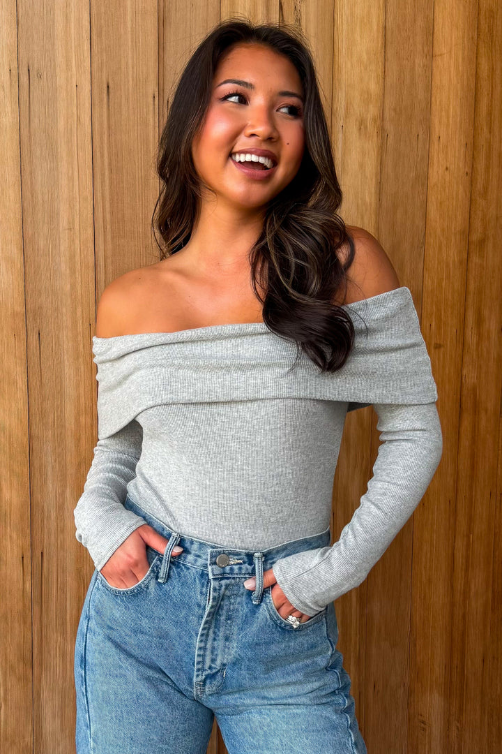 Keep Up Off the Shoulder Bodysuit - Heather Grey