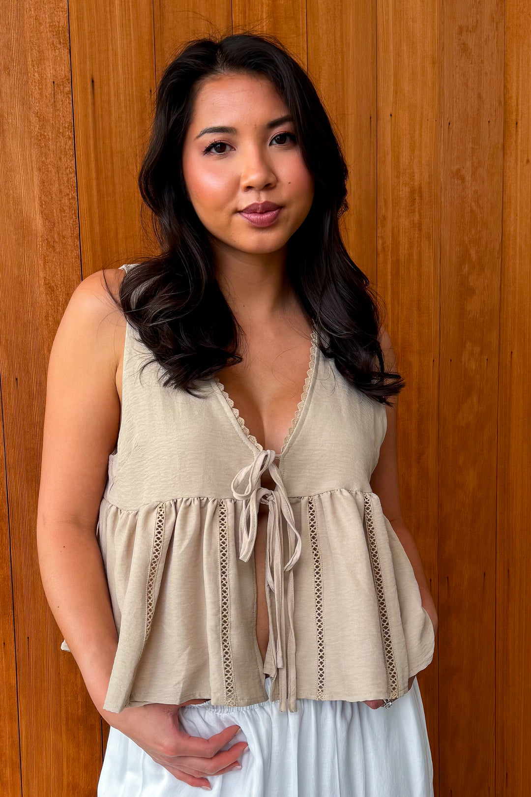 What You Need Tie Front Top- Dk Taupe