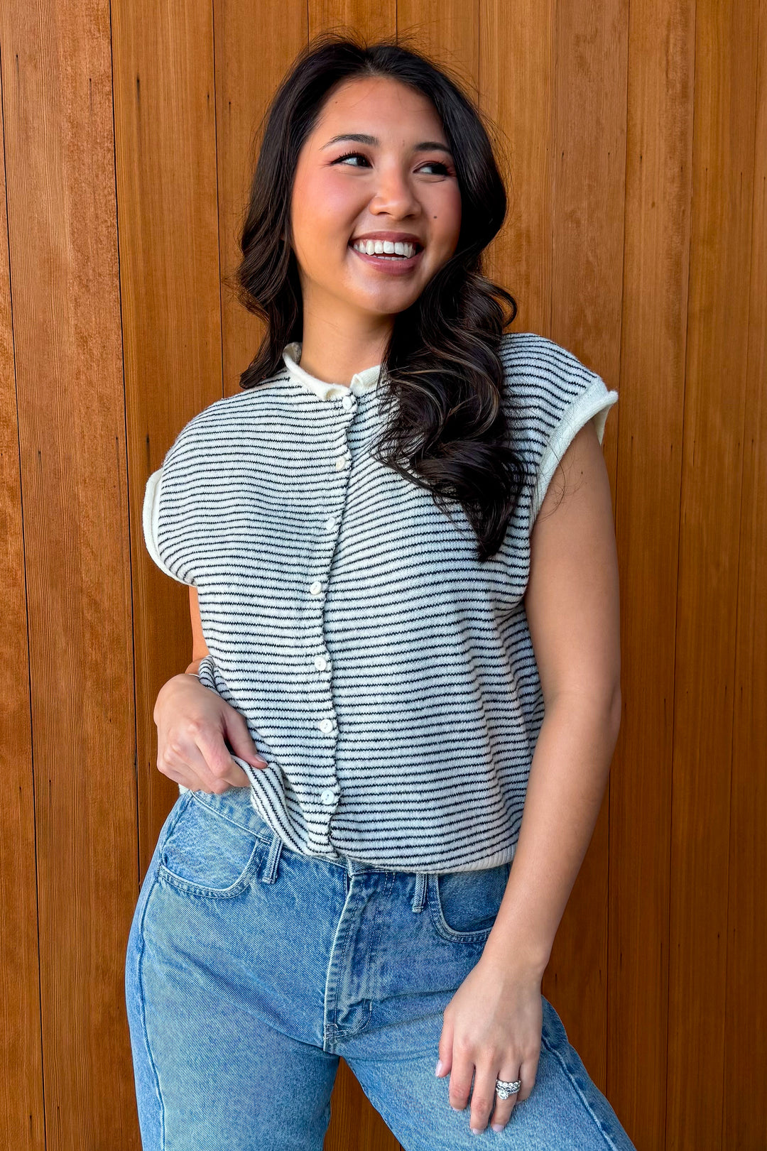 Piper Vest Cardigan-Ivory Black Striped