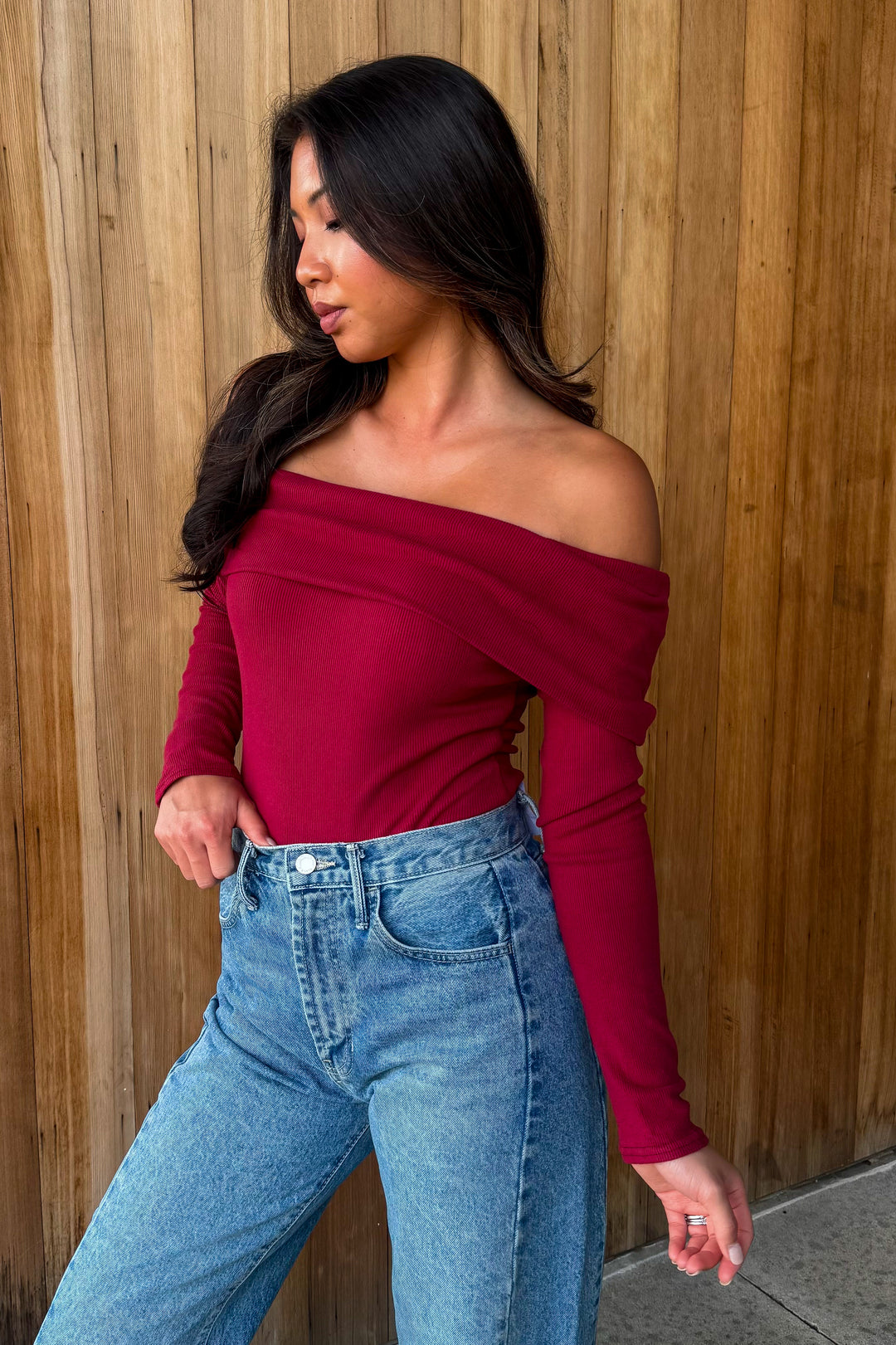 Keep Up Off the Shoulder Bodysuit - Crimson