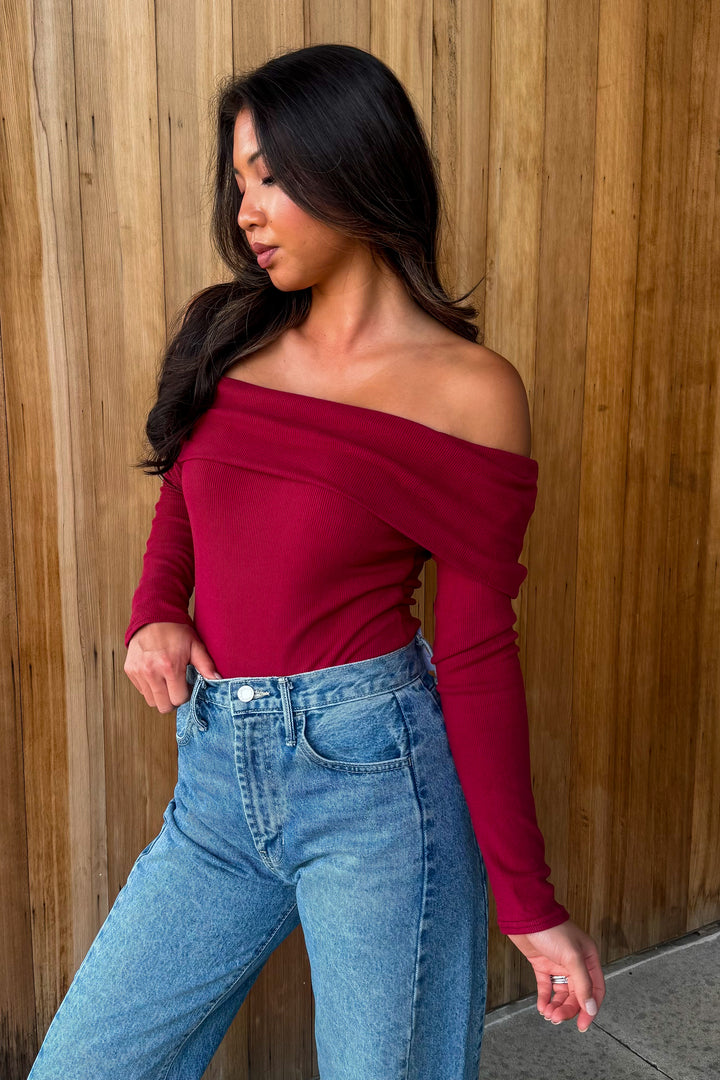Keep Up Off the Shoulder Bodysuit - Crimson