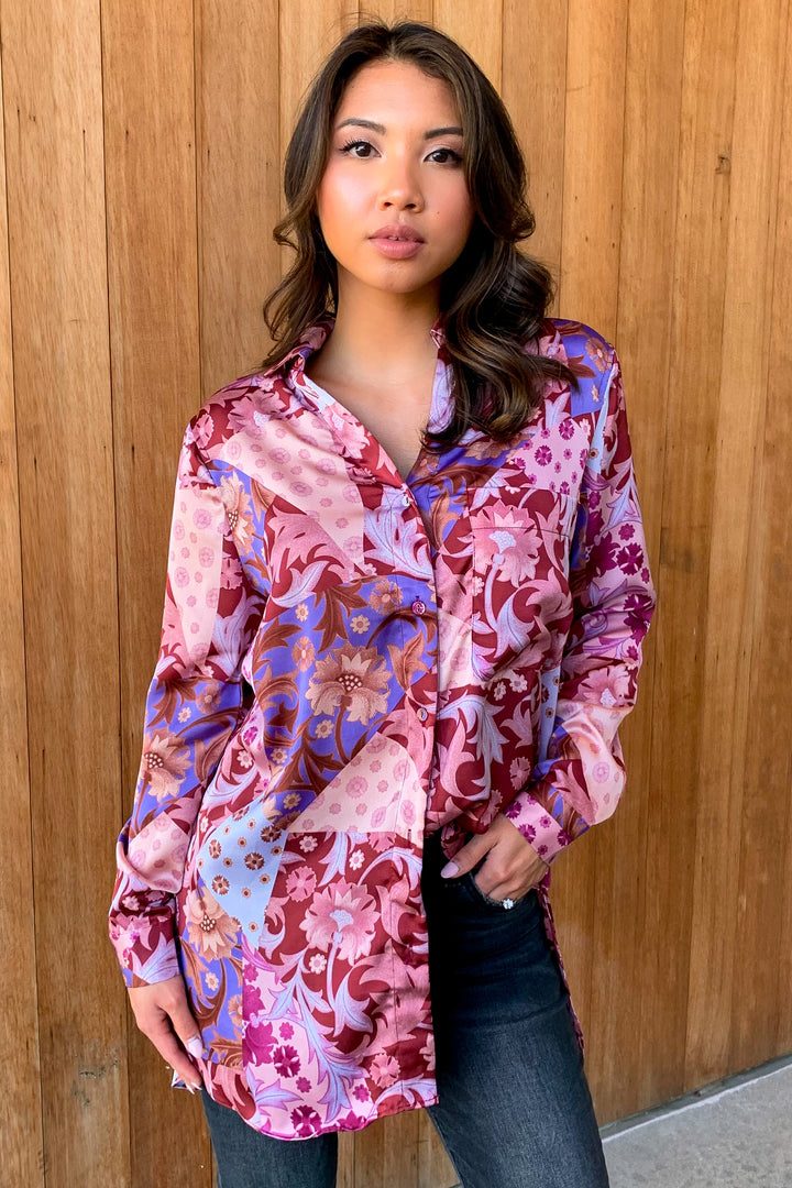 Bold Touch Plum Satin Button Down Top