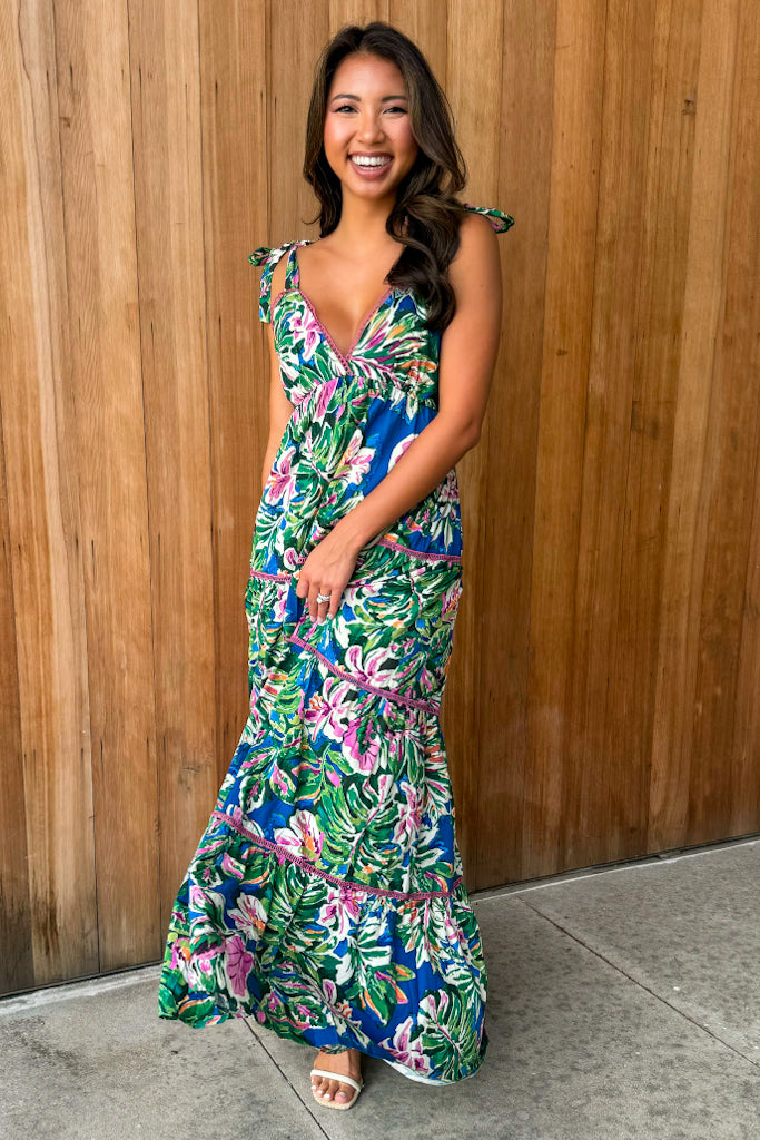 Enchanting Beauty Oceanic Floral Tiered Maxi Dress