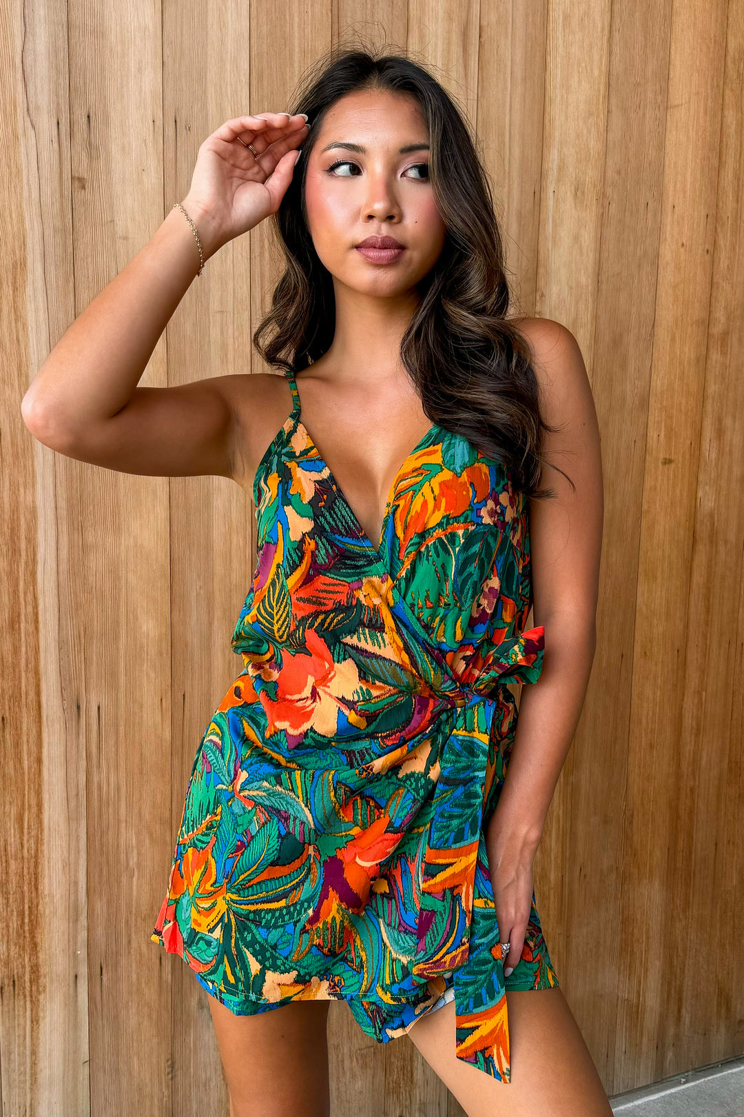 Sunny Serenity Tropical Print Wrap Romper