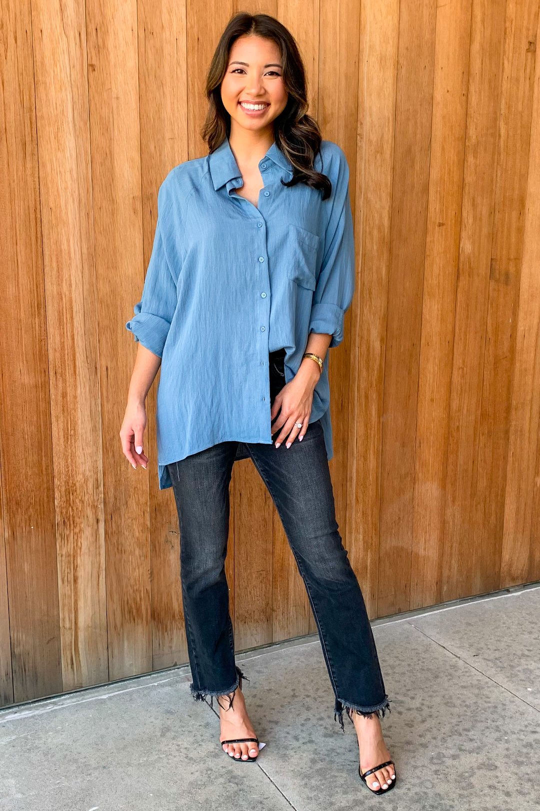 Basic Beach Washed Teal Button Down Top