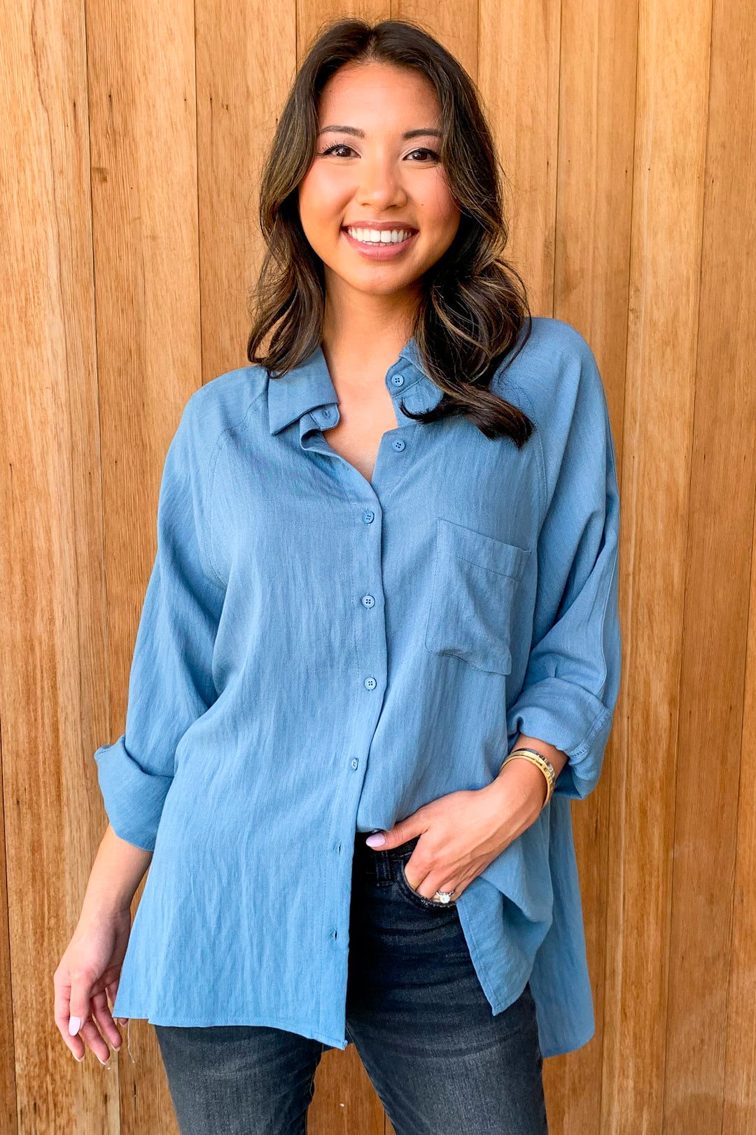 Basic Beach Washed Teal Button Down Top