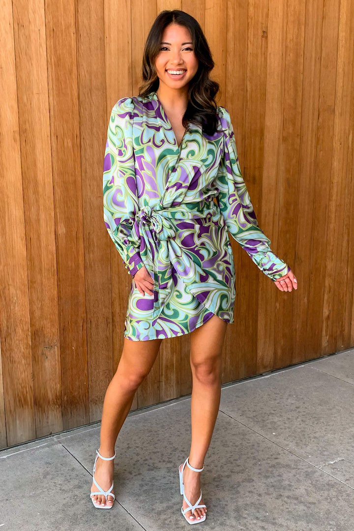 Real Love Purple and Lily Green Satin Shirt Wrap Dress