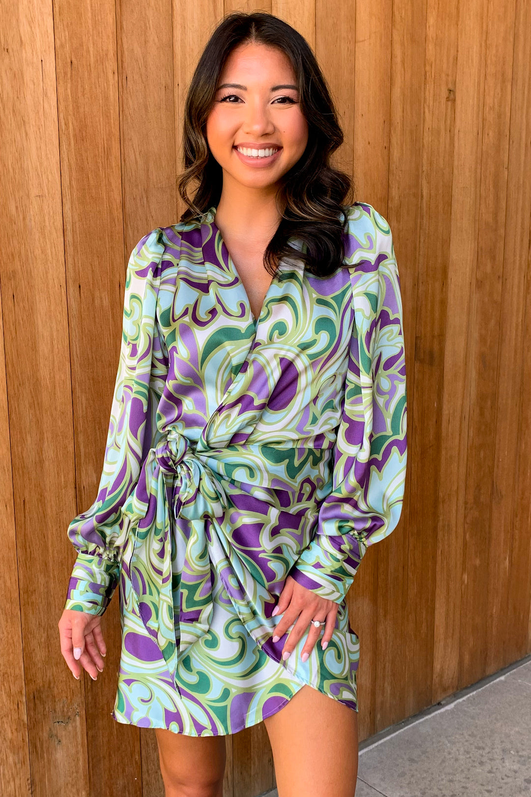 Real Love Purple and Lily Green Satin Shirt Wrap Dress