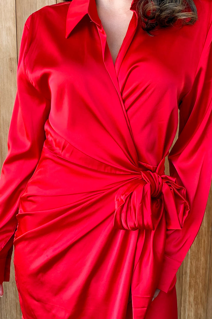 Get a Little Closer Red Satin Wrap Dress
