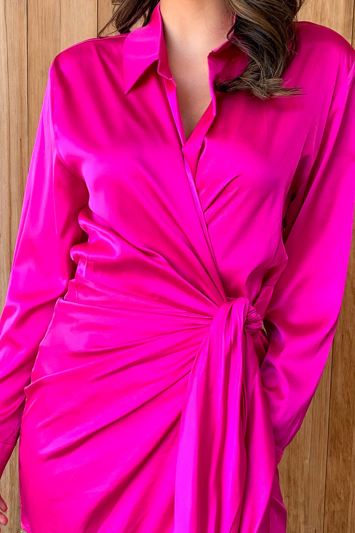 Get a Little Closer Orchid Pink Satin Wrap Dress