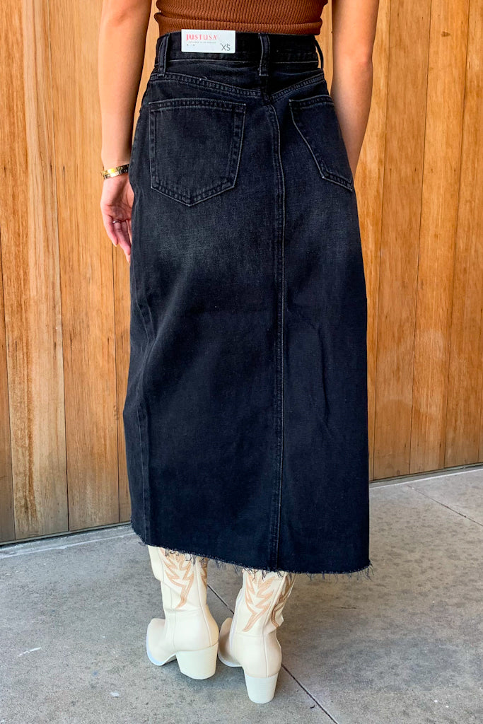 JUST USA: Ready To Flourish Washed Black Denim Midi Skirt