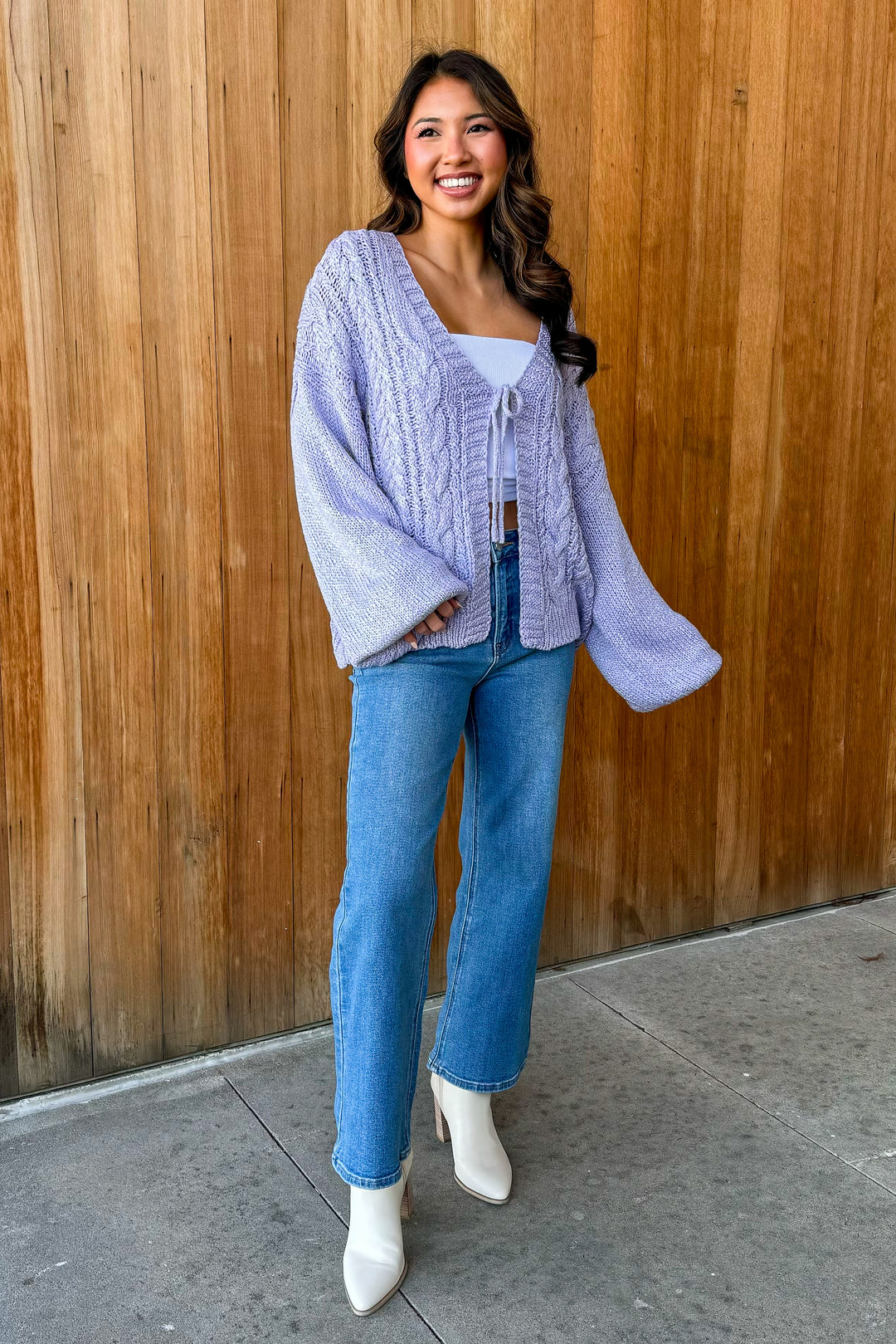 Winter Cutie Lavender Tie Front Sweater